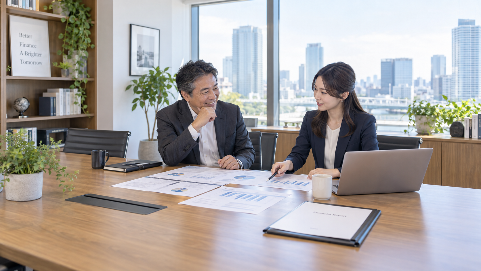 財務資料を基に、経営者とコンサルタントが打合せをするイメージ